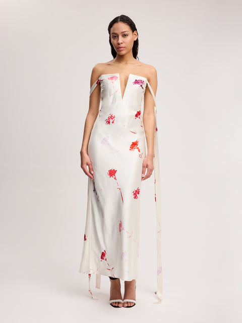 Strapless Bustier Dress with Ties in Red Carnation Print