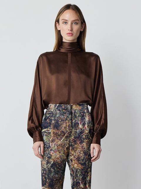 Silk Tie Blouse in Chocolate Brown