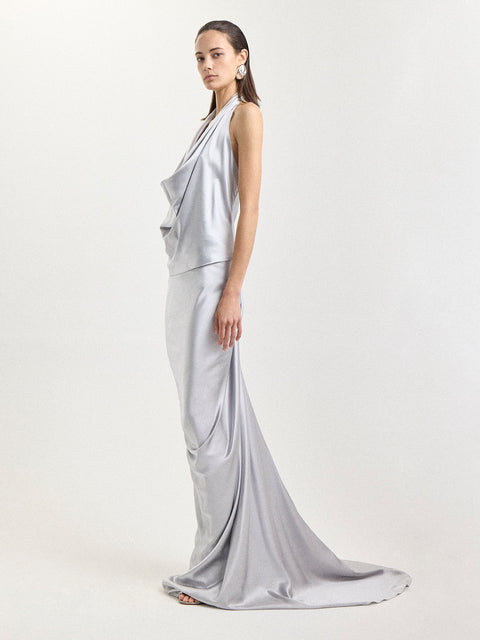 Draped Silk Maxi Skirt in Silver