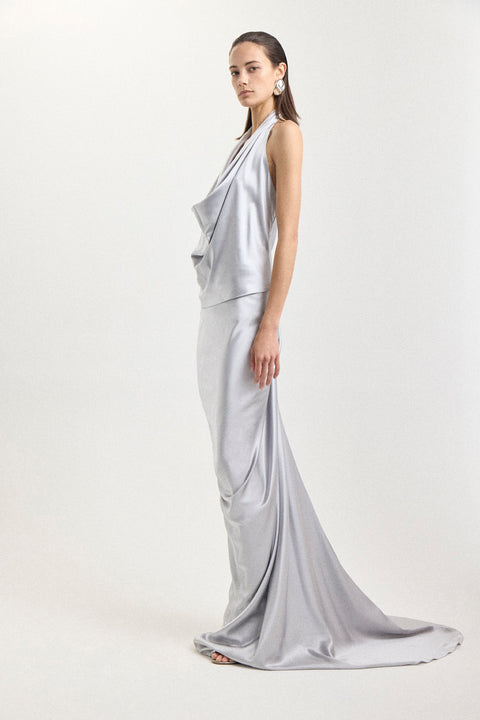 Draped Silk Maxi Skirt in Silver