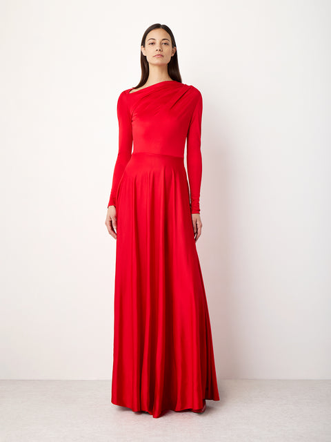 Draped Long Sleeved Jersey Dress in Red