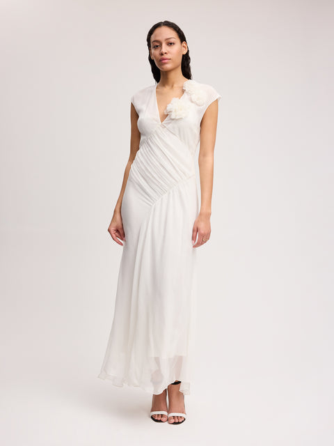 V-Neck Draped Chiffon Dress in Ivory