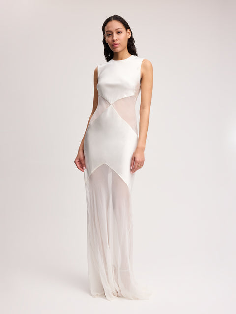 Abstract Sheer Cut-Out Gown in Ivory