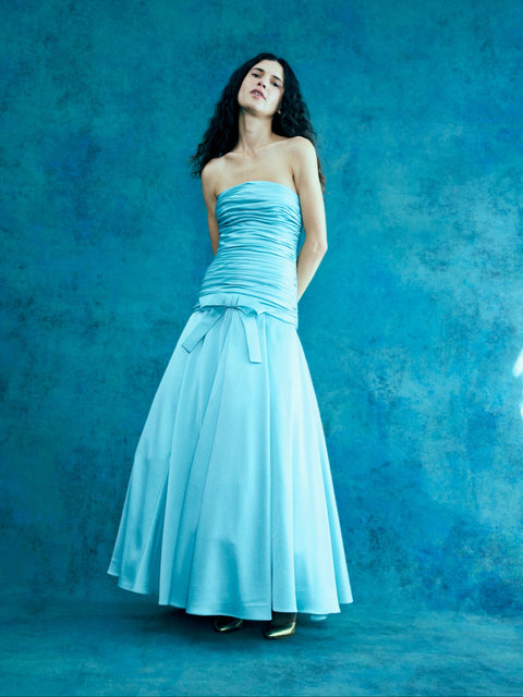 Pleated Bow Gown in Blue