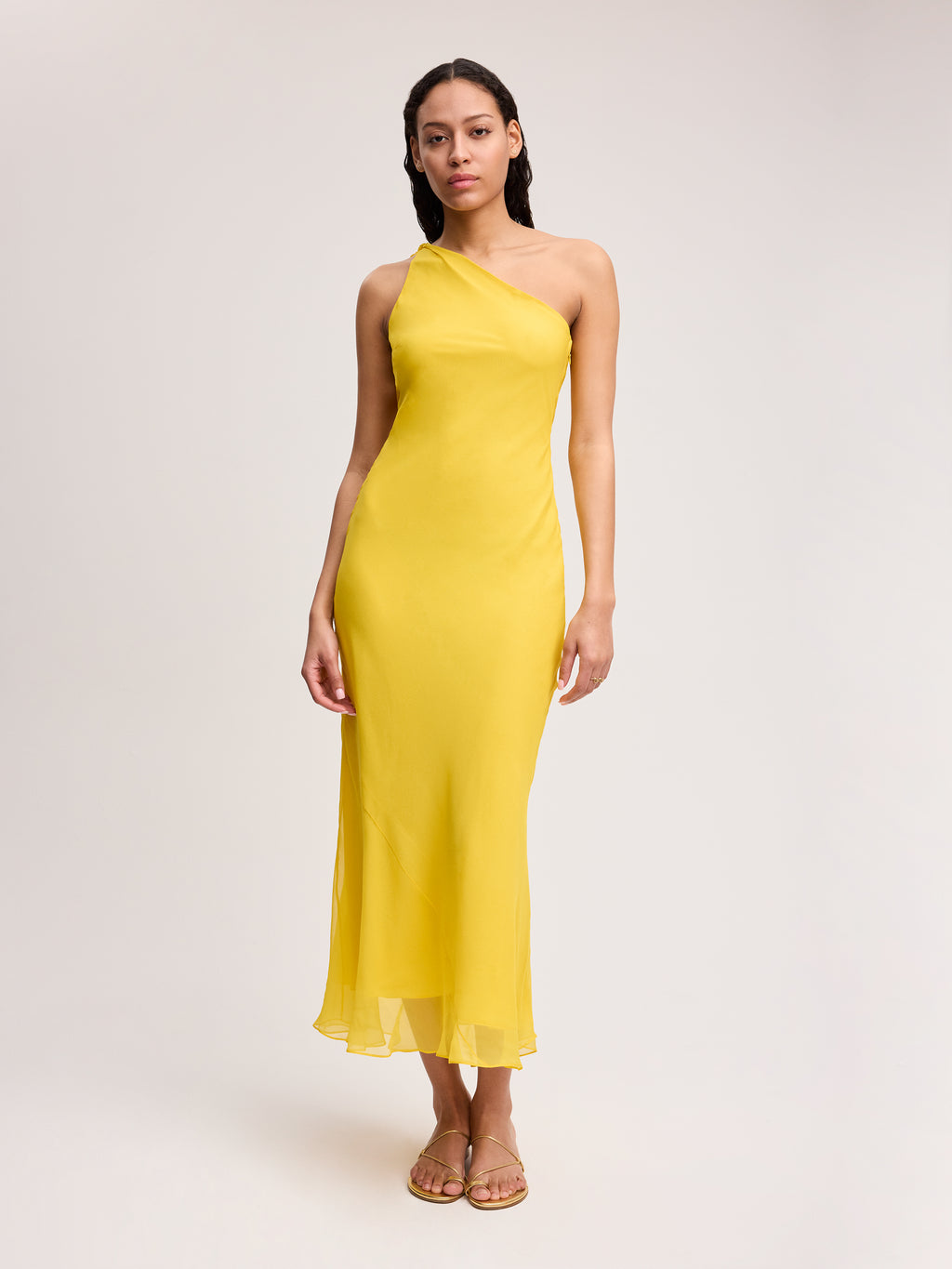 one shoulder dress yellow Alejandra Alonso Rojas Chiffon One Shoulder Midi In Yellow 8