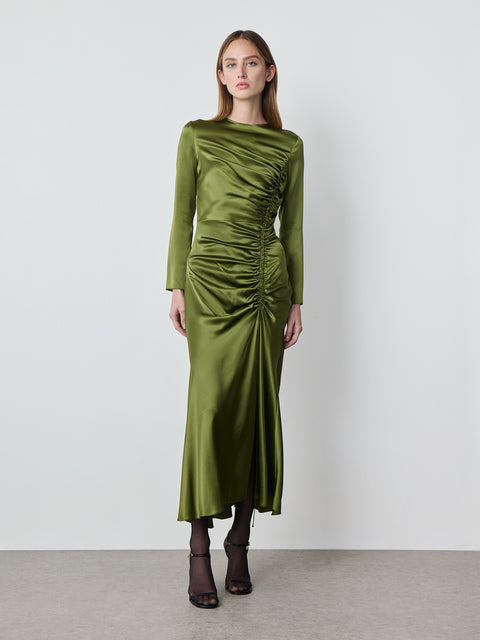 Long Sleeve Alina Ruched Dress in Green