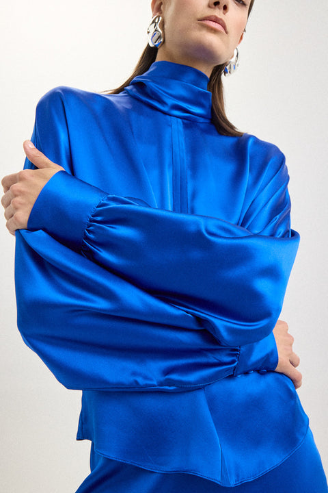 Silk Tie Blouse in Blue