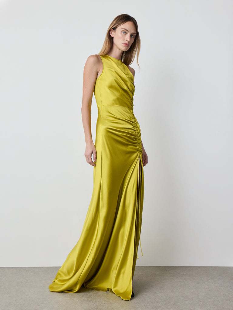 Alejandra Alonso Rojas Alina Ruched Silk Gown in Chartreuse 2 Alejandra Alonso Rojas Alina Ruched Silk Gown in Chartreuse 2