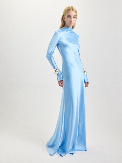 Cowl Back Silk Gown in Sky Blue