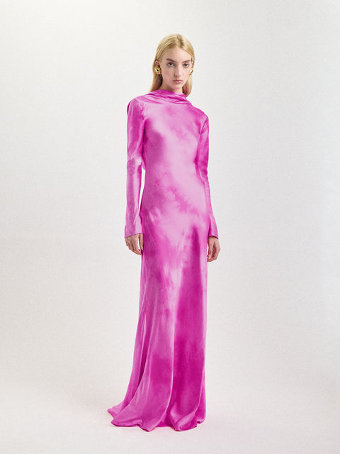 Cowl Back Silk Gown in Fuchsia Shibori