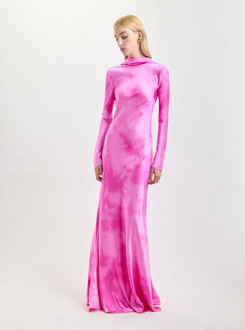 Cowl Back Silk Gown in Fuchsia Shibori