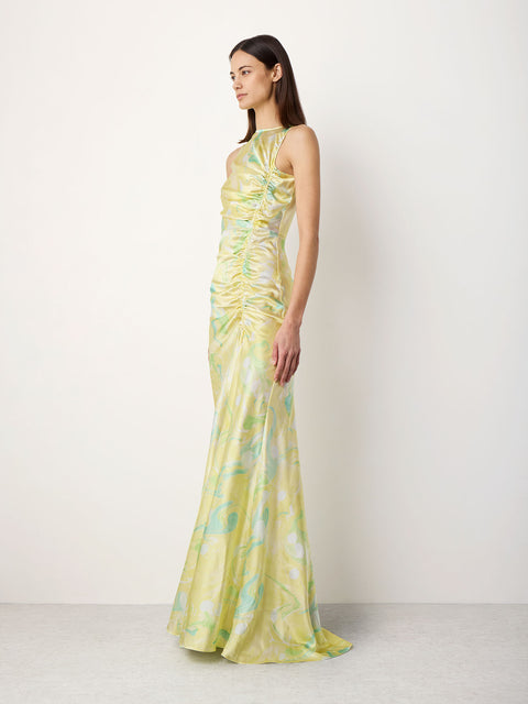 Silk Ruched Tank Dress in Chartreuse Print
