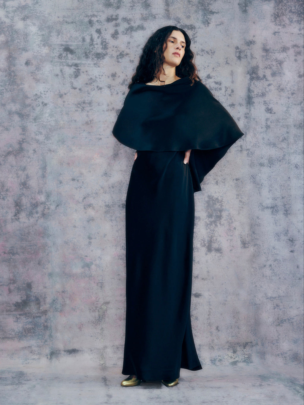 Draped Cape Dress in Black