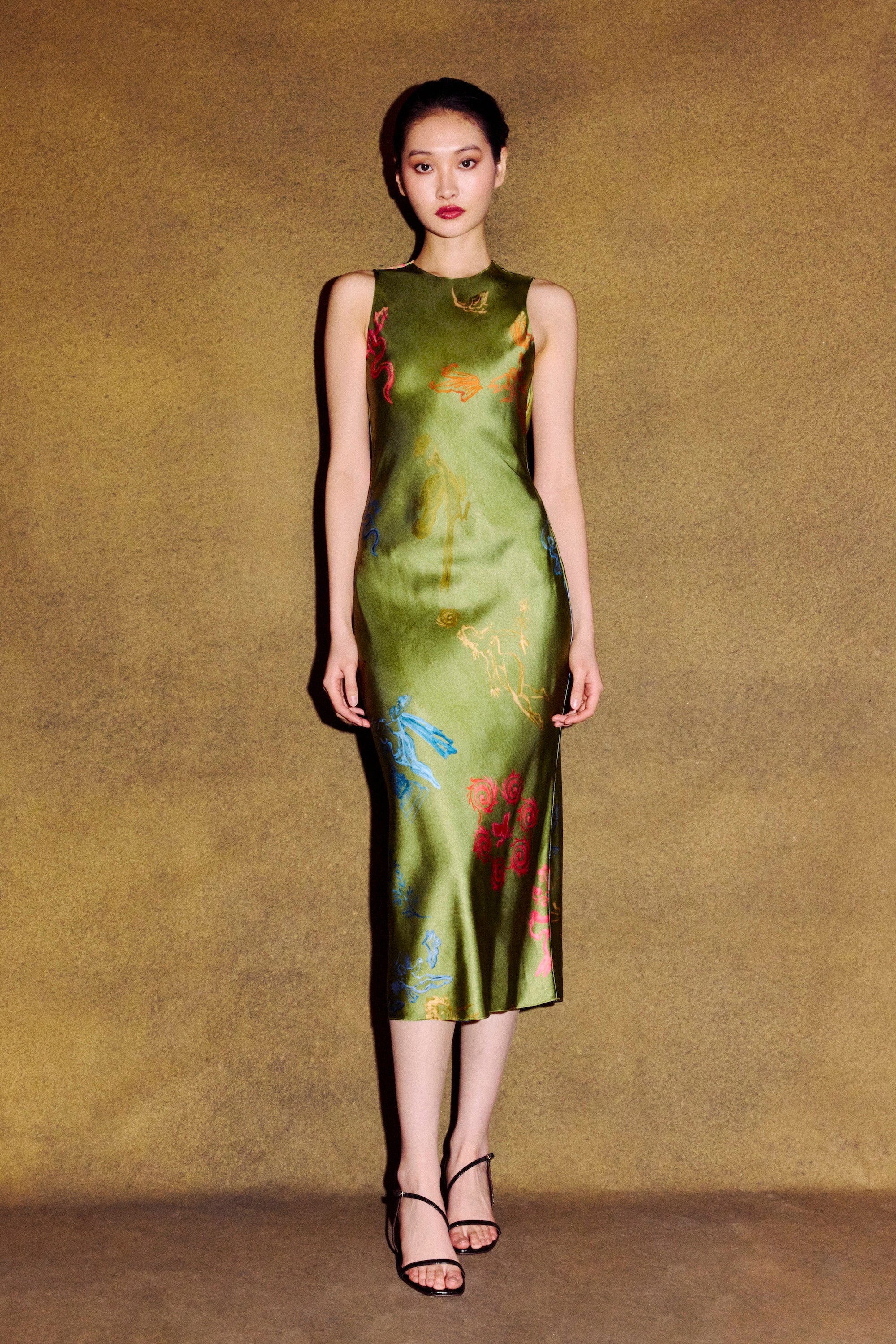 column midi dress Bias Column Midi Dress in Green Print