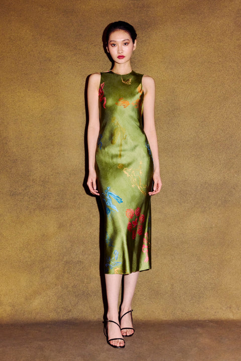 Bias Column Midi Dress in Green Print