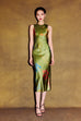 Bias Column Midi Dress in Green Print