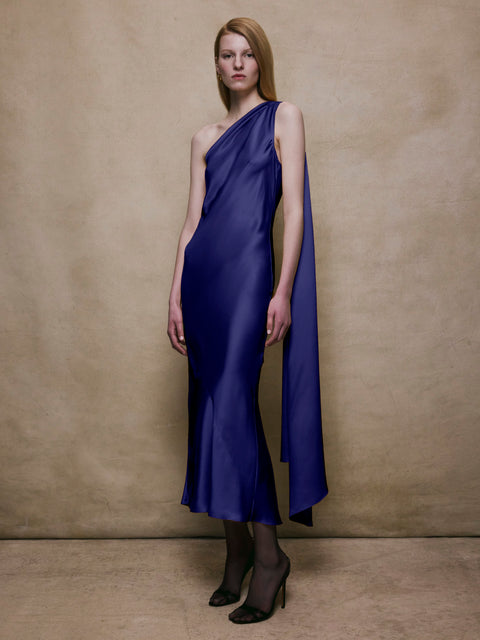 One Shoulder Shawl Dress in Navy