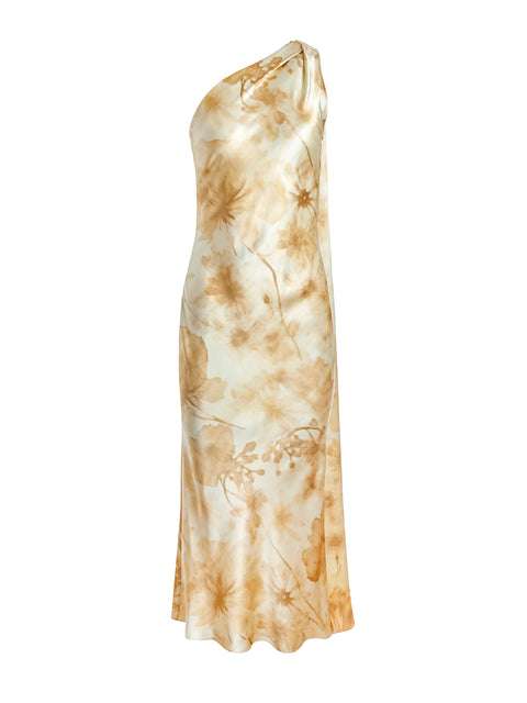 One Shoulder Shawl Dress in Neutral Print