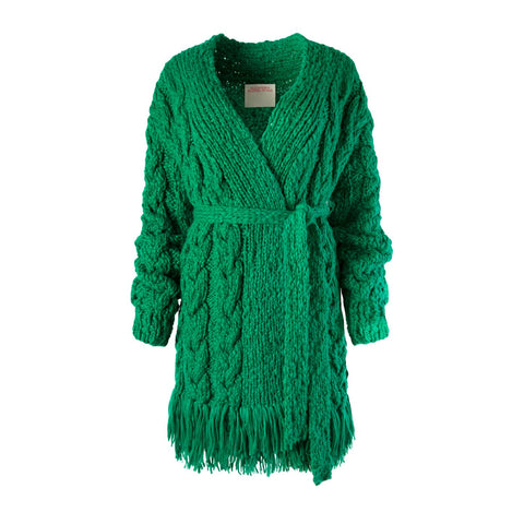 GREEN FRINGE CABLE KNIT CARDIGAN