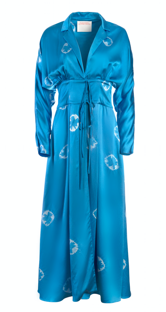 BLUE SHIBORI DYED SILK TRENCH DRESS